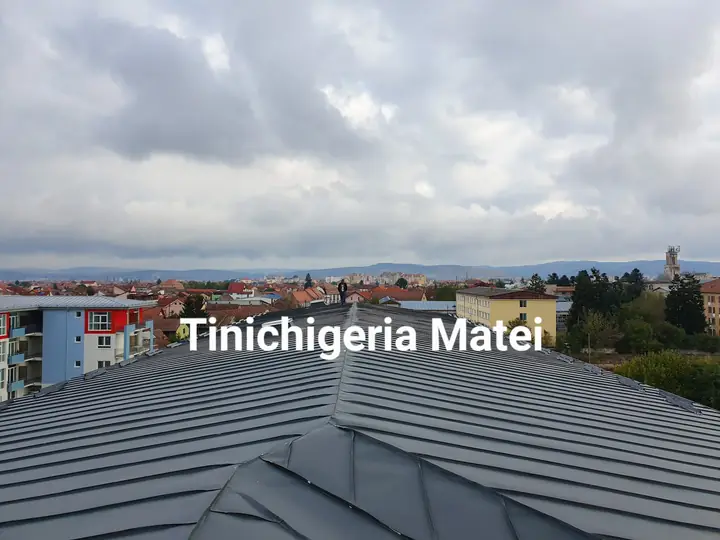Tablă fălțuită gri, cu orașul la orizont