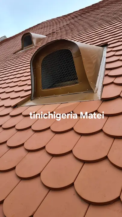 Lucarnă rotundă încadrată în țiglă solzi